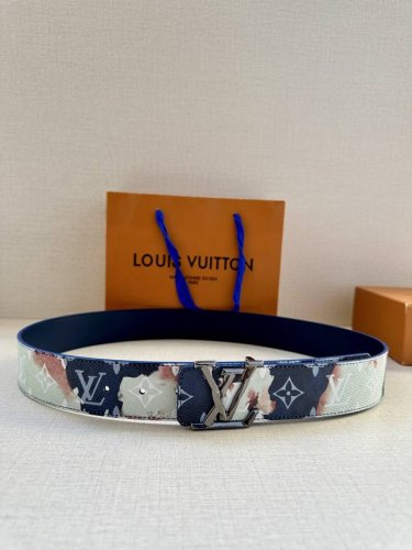 This 4.0 Wide Lv Initials Double-Sided Belt Features A Striking Pattern Depictin