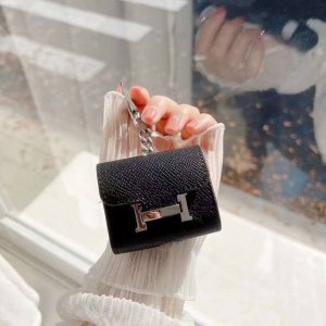 Hermes official website 1:1 earphone bag Palm pattern leather metal logo Fashio