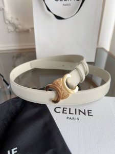 Celine women's belt, calfskin texture with unique Arc de Triomphe buckle, off-wh