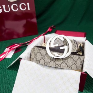 -Gucci men's PVC with leather double G exquisite original bright metal buckle 38
