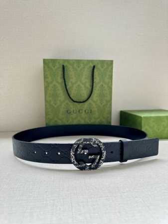 Width 4.0Cm Gucci interlocking double G buckle belt, made of Gucci Signature blu - Click Image to Close