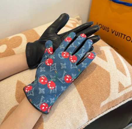 2025Lv New Arrival Cherry Denim Gloves with Leather Trim, Stylish Motorcycle Glo - Click Image to Close