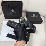 Versace Width 4.0Cm New Smooth Belt With Round Rivets And Medusa Decoration With