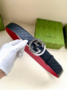 Width 4.0Cm Gucci interlocking double G buckle belt, made of Gucci Signature blu
