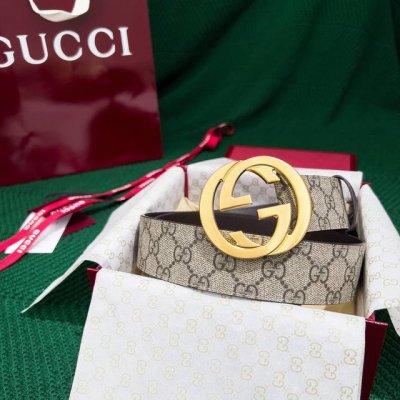 -Chi Men's PVC with leather double G exquisite original brushed metal buckle 38m