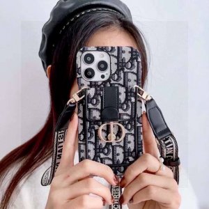 Dior Montaigne series card holder phone case, embroidered ribbon shoulder strap