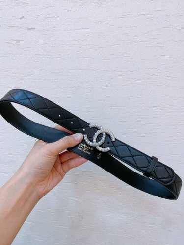 Chanel Cloogo buckle lambskin belt with diamond quilting and letter embroidery,