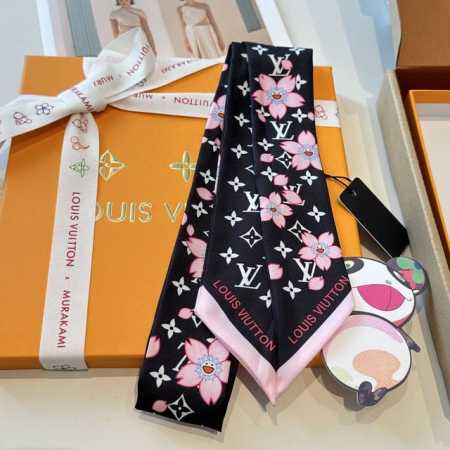 Lv Donkey Long Silk Scarf Twilly Headband Pointed Sakura Smiley Face 120X5Cm A m - Click Image to Close