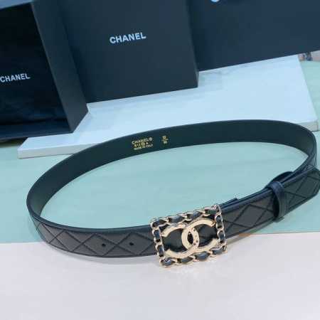 C Hanel Cc Classic Leather Logo Buckle Gold Metal Calfskin Belt 3.0cm Premium DD - Click Image to Close