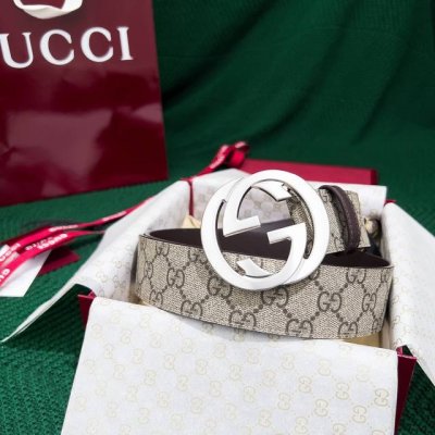 -Gucci men's PVC with leather double G exquisite original brushed metal buckle 3