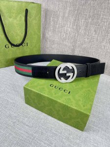 Width 4.0Cm Gucci Classic Canvas Webbing Belt With Textured Leather Piping And D