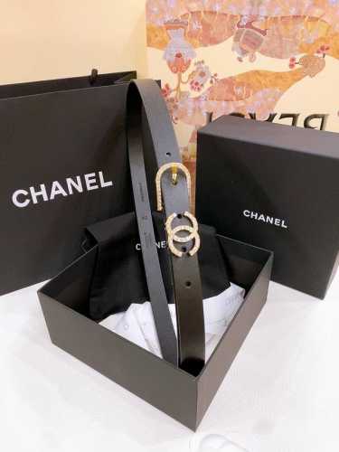 Chanel imported calfskin belt with pin buckle and rhinestones, brass metal feel