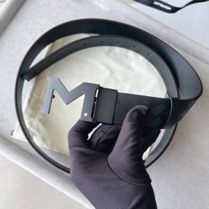 Black double-sided leather strap with "M" pattern buckle, 35mm Palladium-plated