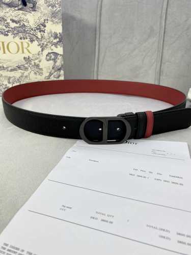 Width 3.5Cm Dior Grained Leather Belt With Perforated Cd Buckle, Black Palm-Text