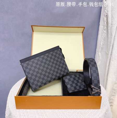 3-piece Louis L belt, wallet, and clutch set. Made with genuine leather, the be - Click Image to Close