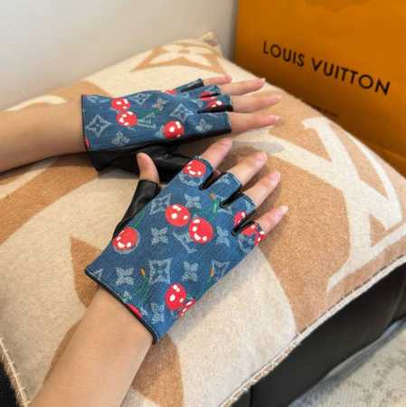 2025Lv New Arrival Cherry Short Denim Gloves with Leather Trim, Stylish Motorcyc - Click Image to Close