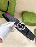 Width 4.0Cm Gucci Classic Canvas Webbing Belt With Textured Leather Piping And D