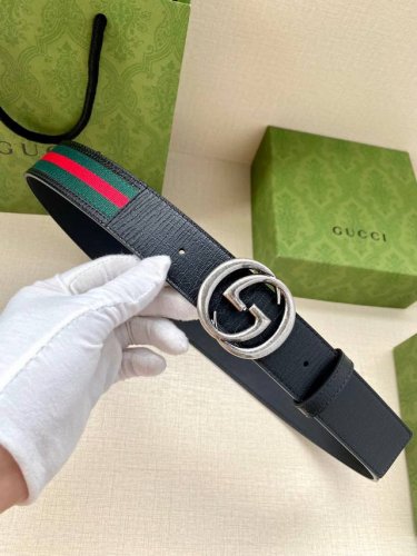 Width 4.0Cm Gucci Classic Canvas Webbing Belt With Textured Leather Piping And D