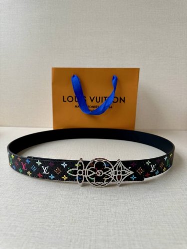 3.0 Wide Lv Double-Sided Belt Made Of Stitched Leather And Small Black And White
