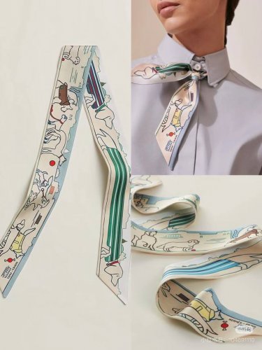 Parisian Dog" Twilly Small Silk Scarf. Made from 100% mulberry silk, heavyweight