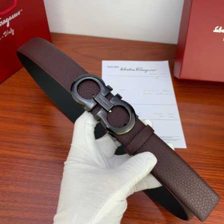 3.5cm Ferragamo double-sided pebbled leather belt with gold metal Gancio double - Click Image to Close