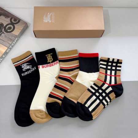 A box of 5 pairs of Burberry classic logo mid-calf socks, including packaging. A - Click Image to Close