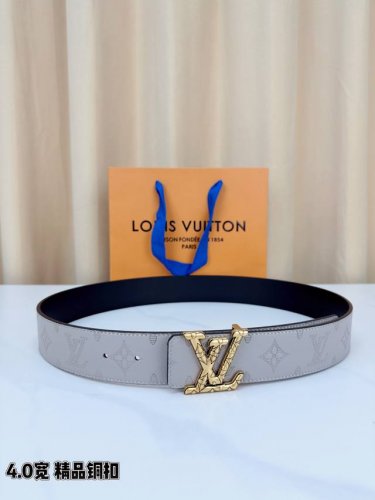 Lv 4.0Cm Brass Buckle Leather, grey coated canvas, embossed with the classic Mon