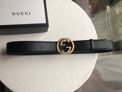 Gucci Signature men's exquisite double G embossed metal buckle black first layer