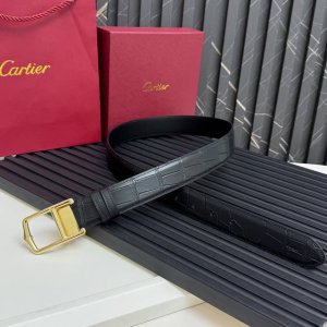 Palladium-plated finish pin buckle leather strap with Cartier logo. Black allig