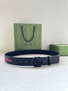 Width 4.0cm Gucci classic canvas webbing belt with textured leather piping and