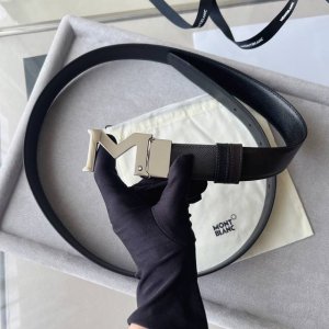 Black double-sided leather belt with "M" pattern buckle, 35mm Palladium-plated "