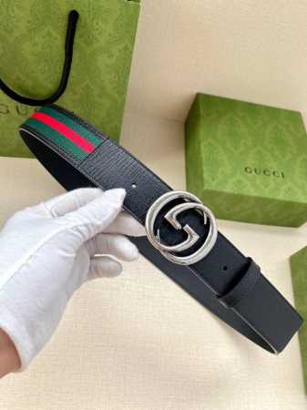 Width 4.0Cm Gucci Classic Canvas Webbing Belt With Textured Leather Piping And D - Click Image to Close