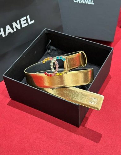 Chanel colorful rhinestone logo buckle brass metal imported fetal cowhide belt b