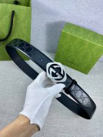 Width 4.0Cm Gucci interlocking double G buckle belt, made of Gucci Signature blu