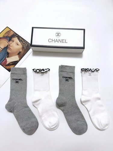 with packaging 4 pairs per box Chanel classic letter logo pure cotton mid-tube