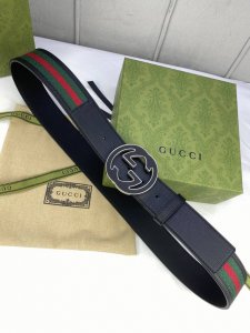 Width 4.0Cm Gucci classic canvas webbing belt with textured leather piping and d