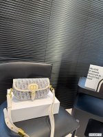 with foldable box Dior underarm bag raffia straw light blue with beige shoulder