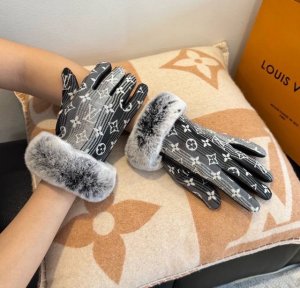 2025Lv Gradient Lazy Rabbit Fur New Fabric and Leather Gloves, Stylish Motorcycl