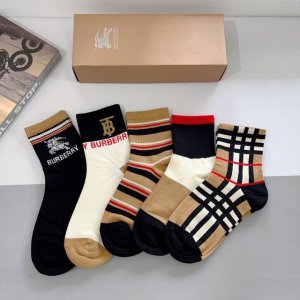 A box of 5 pairs of Burberry classic logo mid-calf socks, including packaging. A
