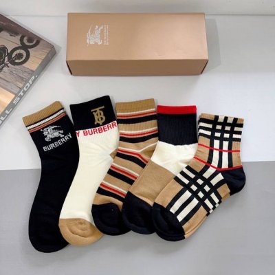 A box of 5 pairs of Burberry classic logo mid-calf socks, including packaging. A