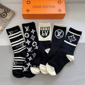 A box of 5 pairs of Louis Vuitton classic logo knee-high socks with packaging. A