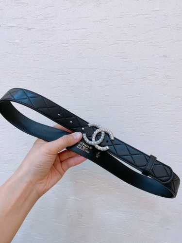 Chanel Cloogo buckle lambskin belt with diamond quilting and letter embroidery,