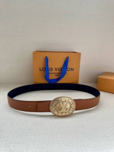 3.4-Inch-Wide Lv Heritage Double-Sided Belt Features Grained And Plain Leather O