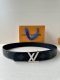 This Lv belt, size 4.0 wide, is made of smooth leather and is decorated with stu