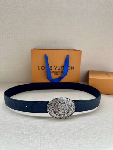 3.4-Inch-Wide Lv Heritage Double-Sided Belt Features Grained And Plain Leather O