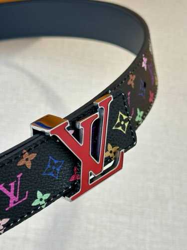 3.0 Wide Lv Double-Sided Belt Made Of Stitched Leather And Small Black And White