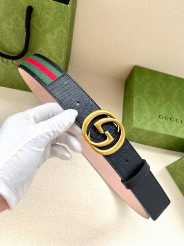 Width 4.0Cm Gucci Classic Canvas Webbing Belt With Textured Leather Piping And D