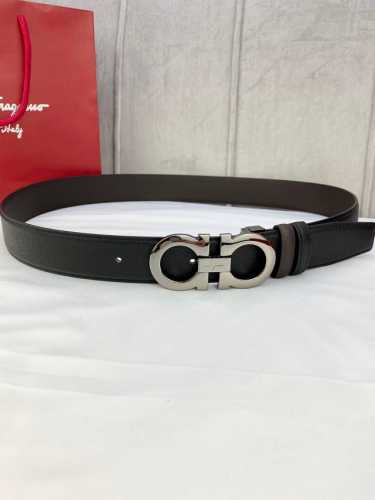 Width 3.5Cm Ferragamo Palm Print Double-Sided Top Layer Leather Belt With Silver