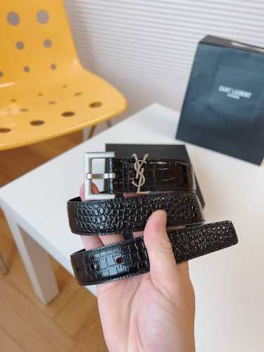 ysl Crocodile Pattern Top Calf Leather Soft Belt 3.0Cm Square Pin Copper Buck